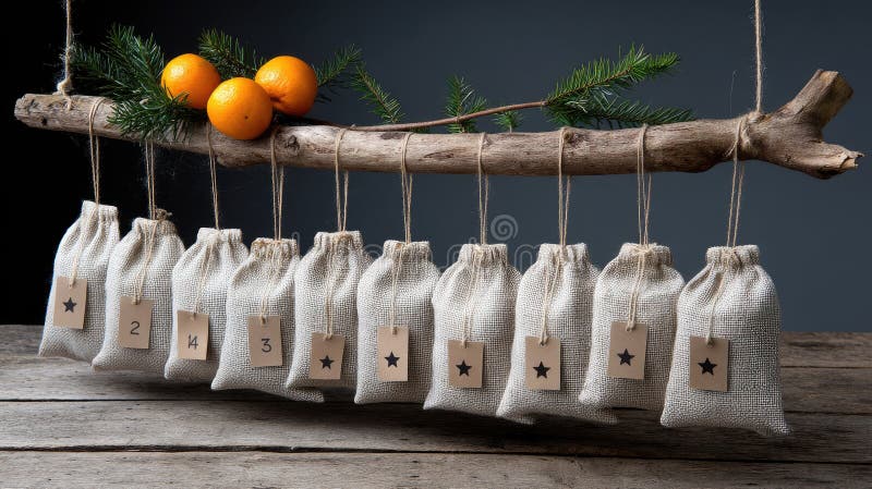 Gift bags are carefully displayed on a string, surrounded by fresh oranges, herbs, and natural elements on a wooden tabletop stock photo
