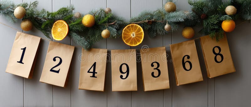 Gift bags are carefully displayed on a string, surrounded by fresh oranges, herbs, and natural elements on a wooden tabletop stock images