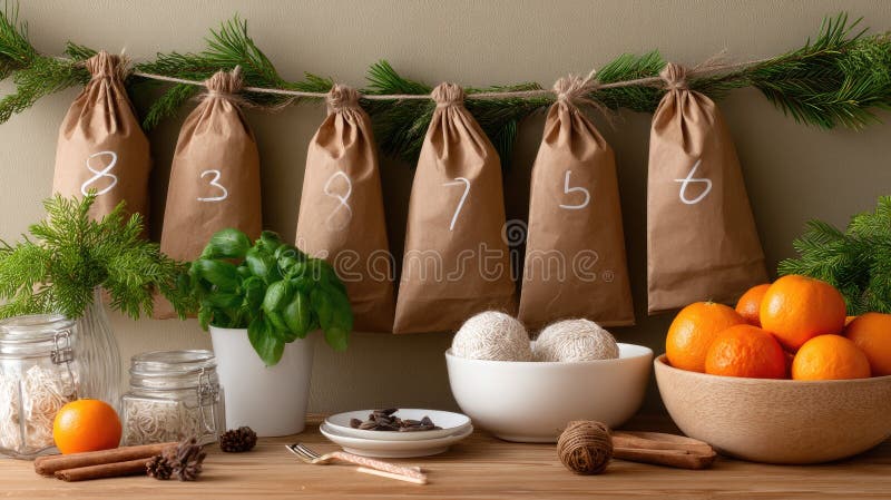 Gift bags are carefully displayed on a string, surrounded by fresh oranges, herbs, and natural elements on a wooden tabletop royalty free stock images