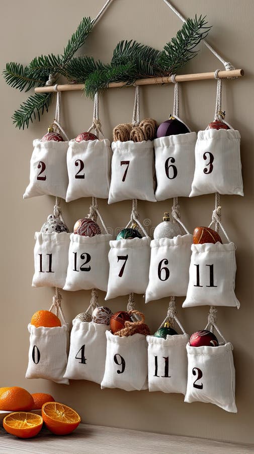 Gift bags are carefully displayed on a string, surrounded by fresh oranges, herbs, and natural elements on a wooden tabletop royalty free stock photography