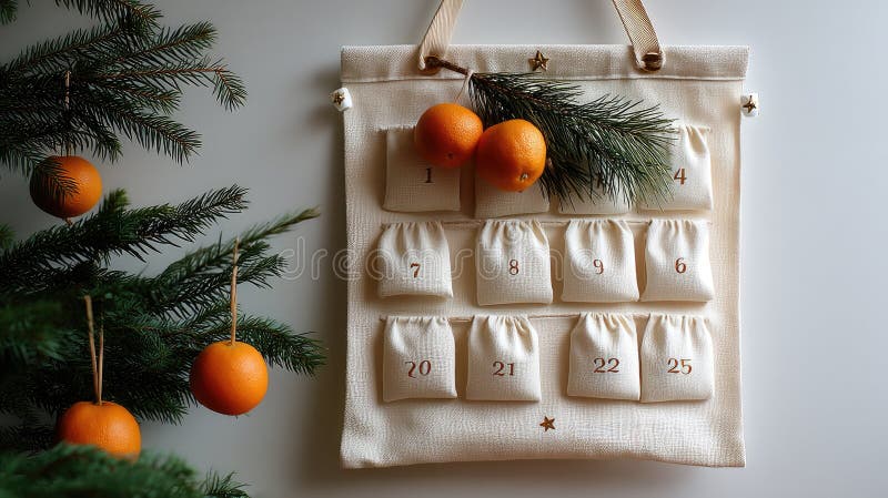 Gift bags are carefully displayed on a string, surrounded by fresh oranges, herbs, and natural elements on a wooden tabletop royalty free stock photo