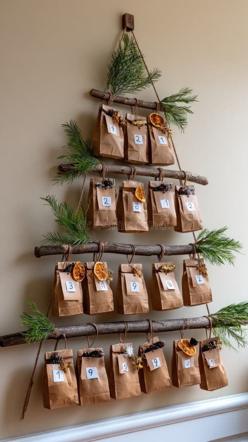 Gift bags are carefully displayed on a string, surrounded by fresh oranges, herbs, and natural elements on a wooden tabletop royalty free stock image