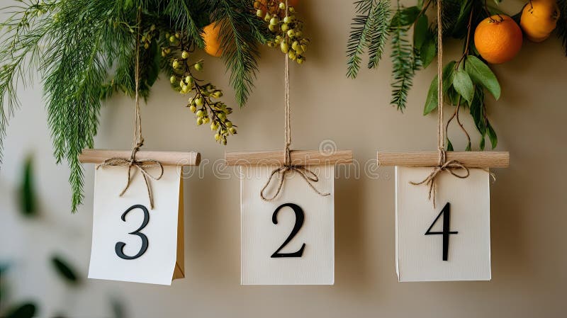 Gift bags are carefully displayed on a string, surrounded by fresh oranges, herbs, and natural elements on a wooden tabletop stock images