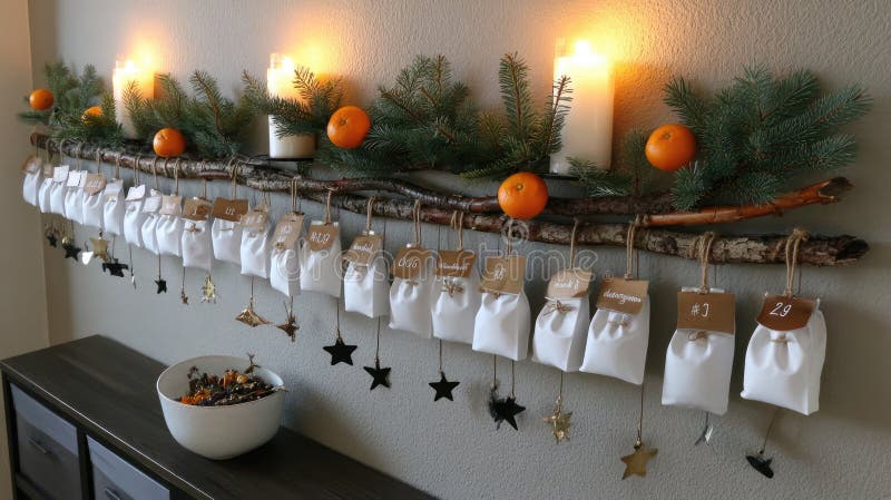 Gift bags are carefully displayed on a string, surrounded by fresh oranges, herbs, and natural elements on a wooden tabletop stock image