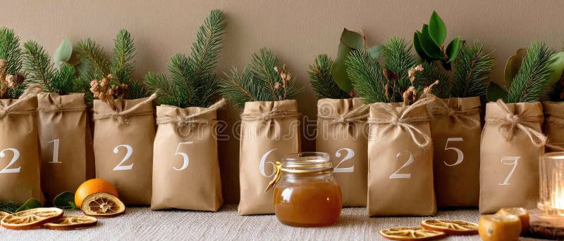 Gift bags are carefully displayed on a string, surrounded by fresh oranges, herbs, and natural elements on a wooden tabletop royalty free stock images