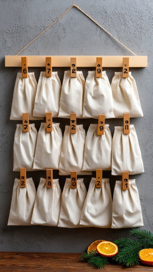 Gift bags are carefully displayed on a string, surrounded by fresh oranges, herbs, and natural elements on a wooden tabletop royalty free stock image