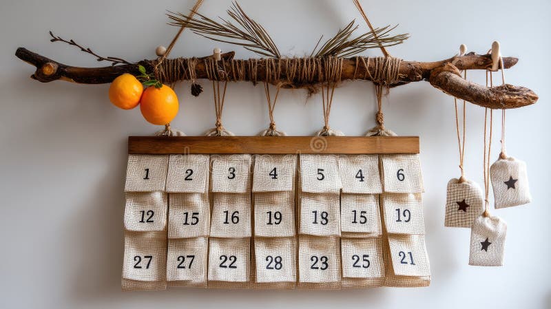 Gift bags are carefully displayed on a string, surrounded by fresh oranges, herbs, and natural elements on a wooden tabletop royalty free stock images