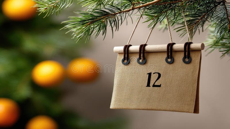Gift bags are carefully displayed on a string, surrounded by fresh oranges, herbs, and natural elements on a wooden tabletop stock image