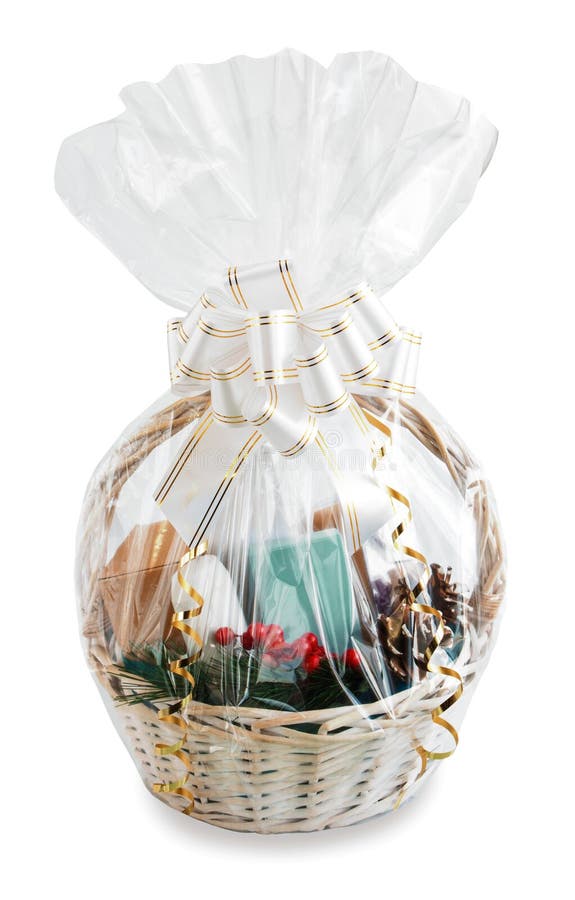 Gift Basket Packed in Transparent Paper with a Big Bow Isolated on a