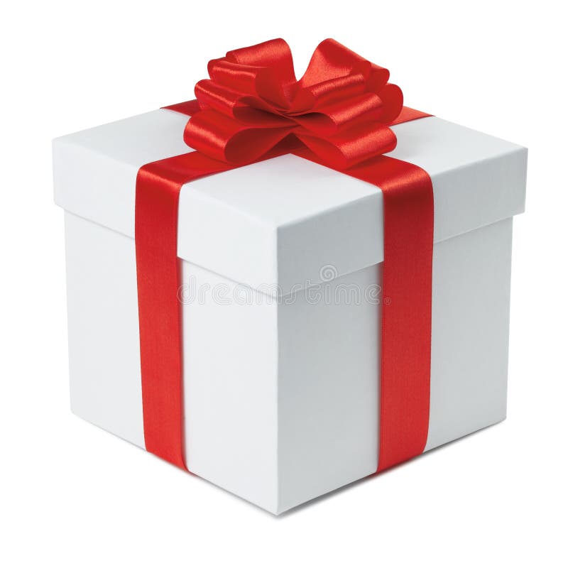 Caja de regalo cinta a arco sobre el blanco, trazado de recorte incluido.
