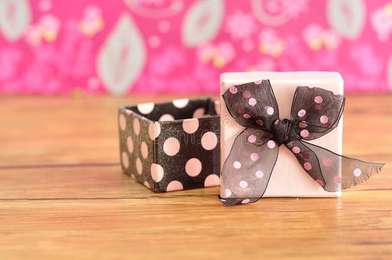 Gift Box With A Black And Pink Polka Dot Bow Stock Photo Image of