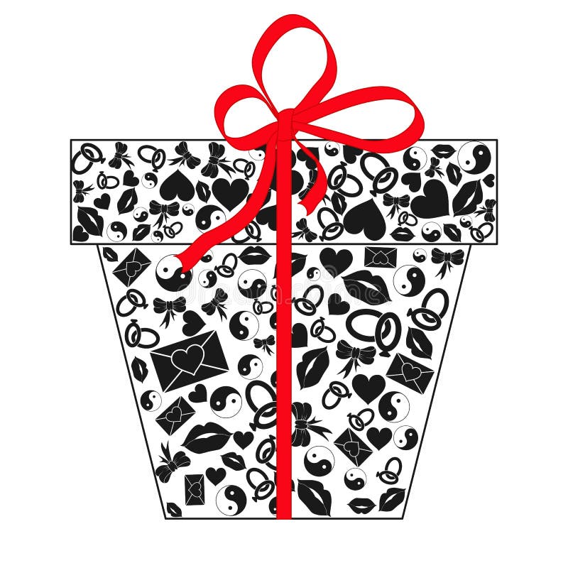 Gift box with bow made of black Valentines day icons hearts, lips, rings, envelopes, bows, Yin Yang isolated on white background. vector illustration Gift box with bow made of black Valentines day icons hearts, lips, rings, envelopes, bows, Yin Yang isolated on white background. vector illustration