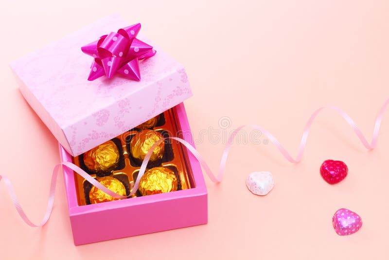 Gift Box and Chocolates with Curly Ribbon Stock Photo Image of