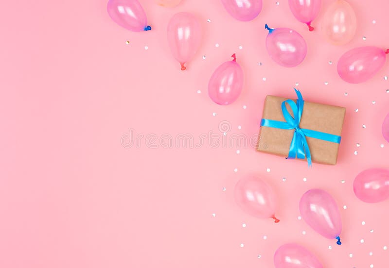 Gift Box Composition With Decorations And Balloon, Confetti On Pink ...