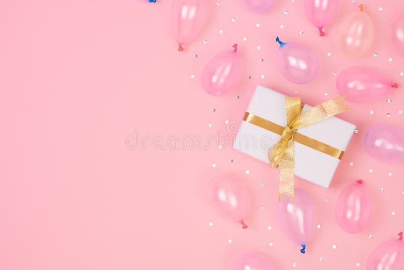 Gift Box Composition With Decorations And Balloon, Confetti On Pink ...