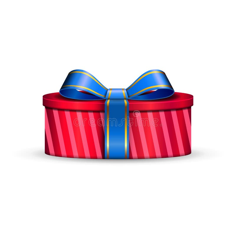 Gift box 3d, blue ribbon bow Isolated white background. Decoration present red gift-box for Happy holiday, birthday