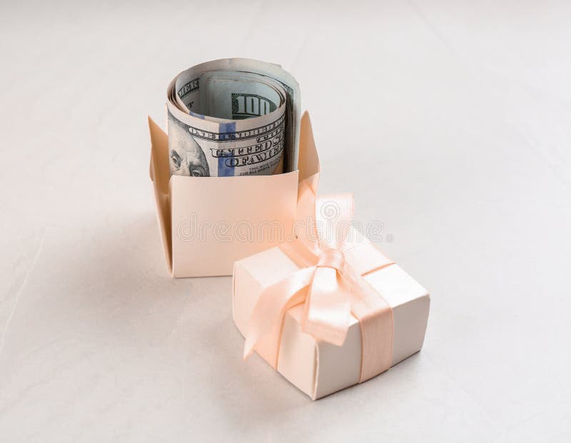 Gift Box with Dollar Bills on Table Stock Image Image of financial