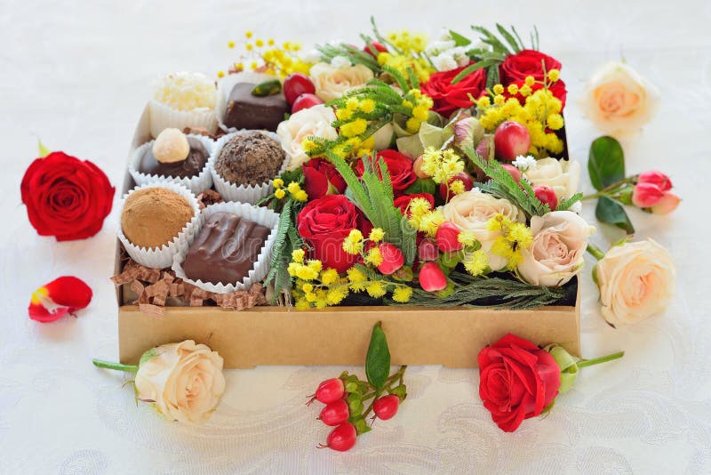 Gift Box with Flowers and Candies Made of Chocolate Stock Image Image of chocolate, brown