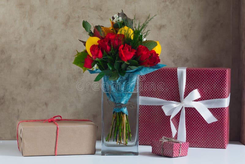 Gift box with flowers stock image. Image of happy, blossom 128082173