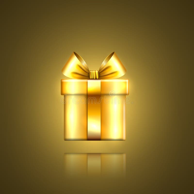 Gift box gold icon. Surprise present template, ribbon bow, isolated golden background. 3D design decoration for stock illustration Gift box gold icon. Surprise present template, ribbon bow, isolated golden background. 3D design decoration for stock illustration