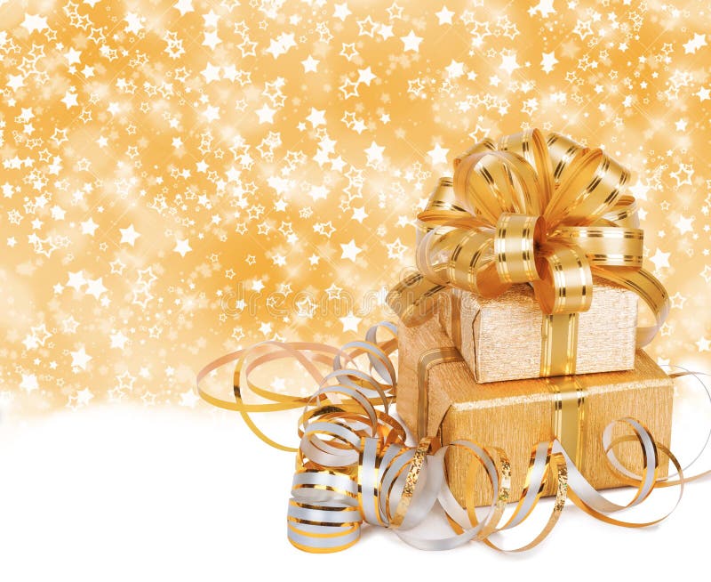 Gift Box in Gold Wrapping Paper Stock Image Image of merry, garland