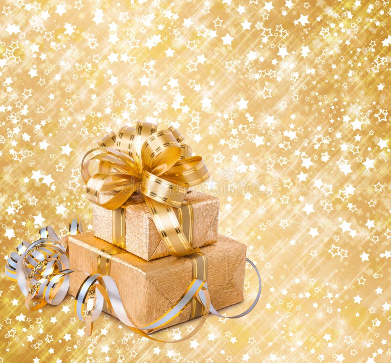 Gift Box in Gold Wrapping Paper Stock Photo Image of scroll, design