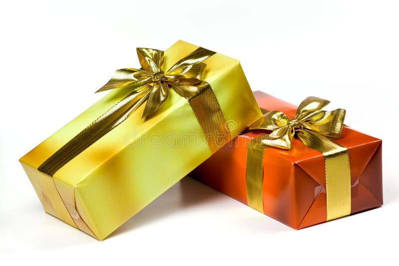 Gift box with golden ribbon,isolated on the white