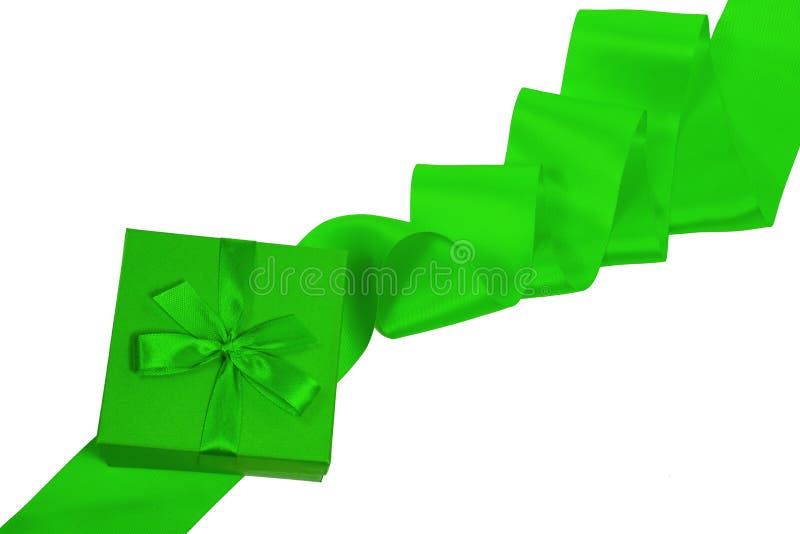 Gift Box, Green Ribbon Isolated on White Background Stock Photo Image