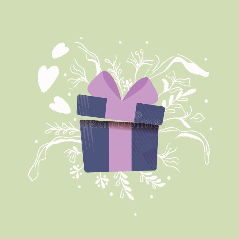 Gift box with hearts coming out and decoration. Colorful hand drawn illustration for Happy Valentine’s day. Greeting card