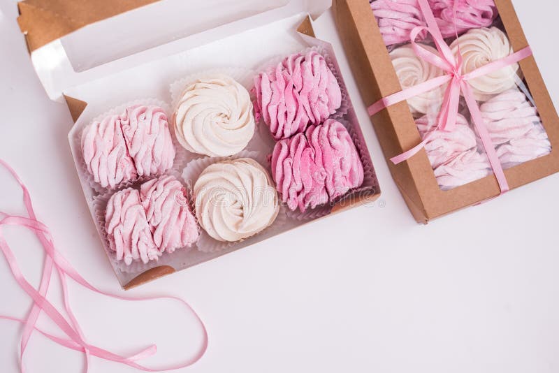 Gift Box of Homemade Marshmallows on a White Background Stock Image