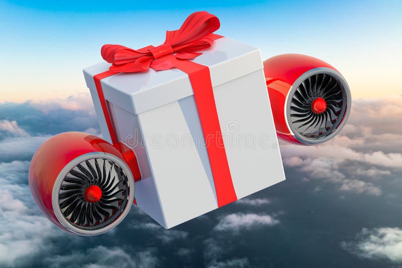 Gift Box with Jet Engines in the Sky. Gift Fast Delivery Concept, 3D Rendering Stock