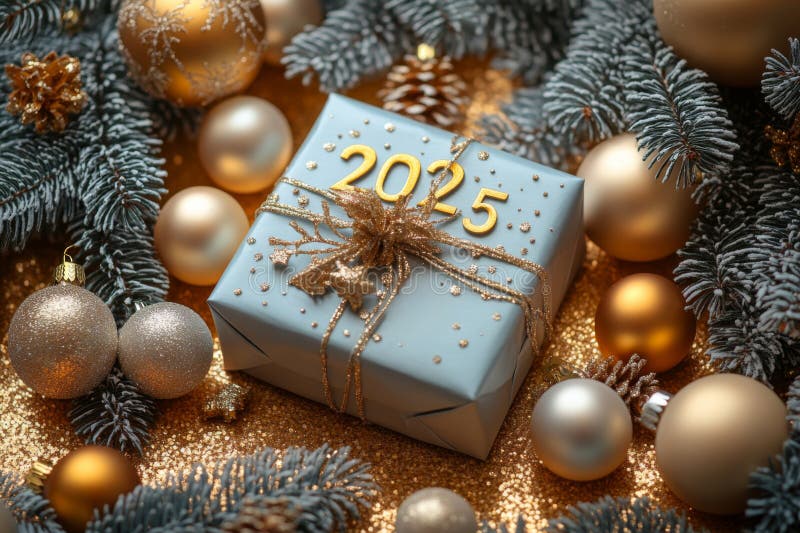 Gift box with the number 2025 on table with many gold and silver Christmas ornaments royalty free illustration