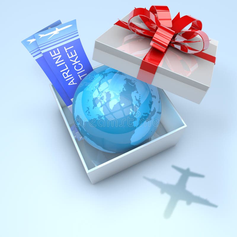 Gift box with planet earth inside and airplane tickets