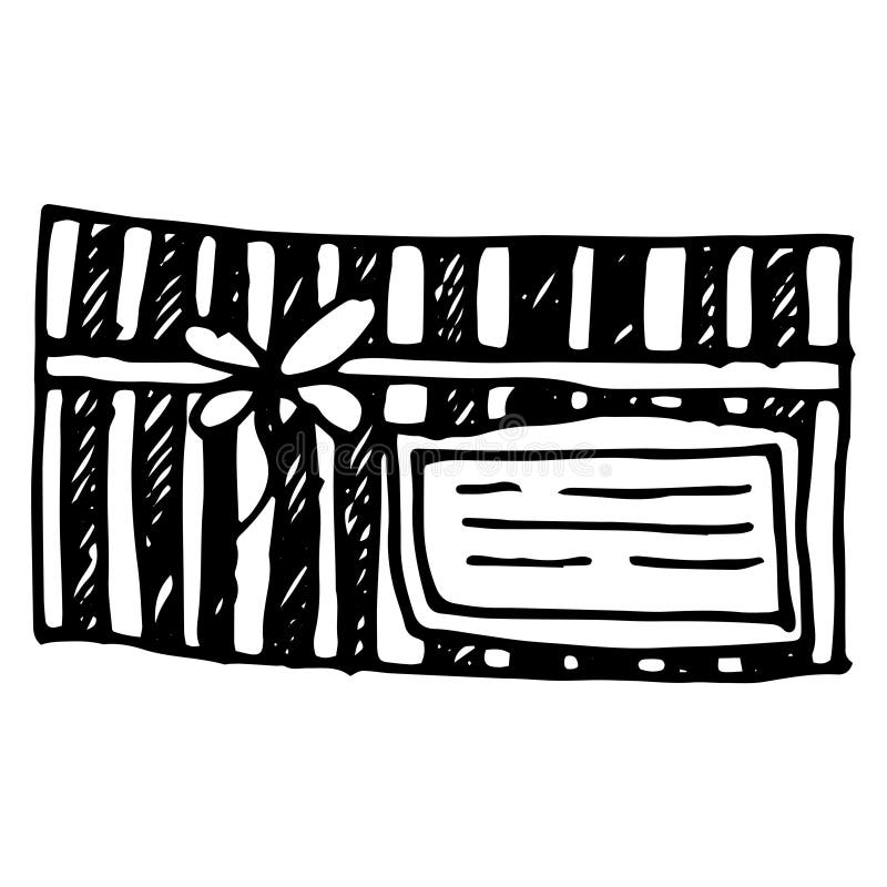 Gift box in striped packaging. horizontal rectangular gift box, hand-drawn in doodle style, isolated black outline top view for stock illustration