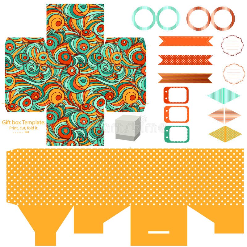 Gift box template party set. Party set. Gift box template. Abstract swirl waves pattern. Empty labels and cupcake toppers and food tags stock illustration Gift box template party set. Party set. Gift box template. Abstract swirl waves pattern. Empty labels and cupcake toppers and food tags stock illustration