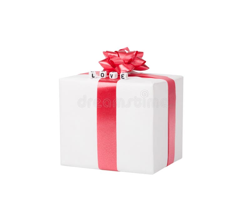 Gift box on white with the words Love.