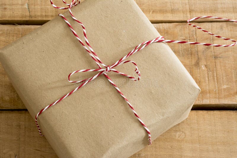 Gift Box Wrapped in Recycled Paper with Ribbon Bow Stock Image Image