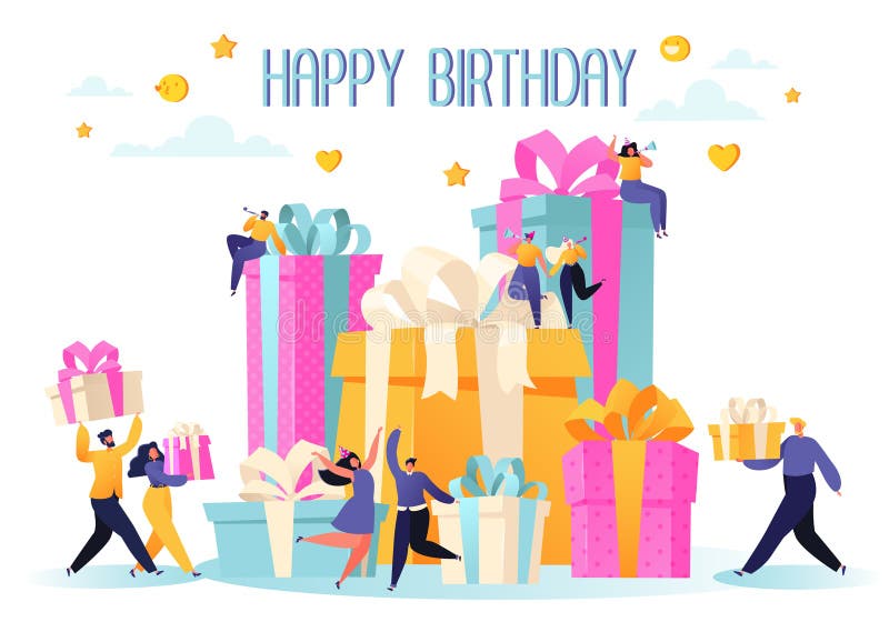 Happy Birthday party celebration with friends. People carry gifts and a big cake, blow their whistles, dance and celebrate the hol stock illustration Happy Birthday party celebration with friends. People carry gifts and a big cake, blow their whistles, dance and celebrate the hol stock illustration