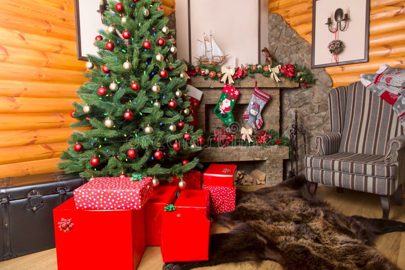 Gift Boxes and Decorated Christmas Tree, Closeup Stock Image Image of