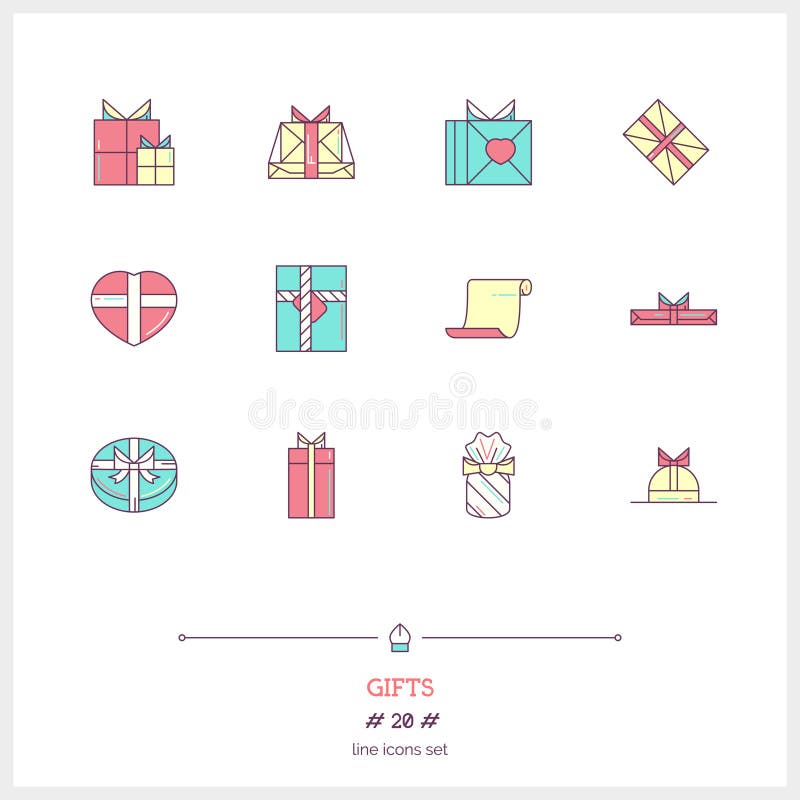 Gift boxes line color icons set. Lots of presents. stock illustration Gift boxes line color icons set. Lots of presents. stock illustration