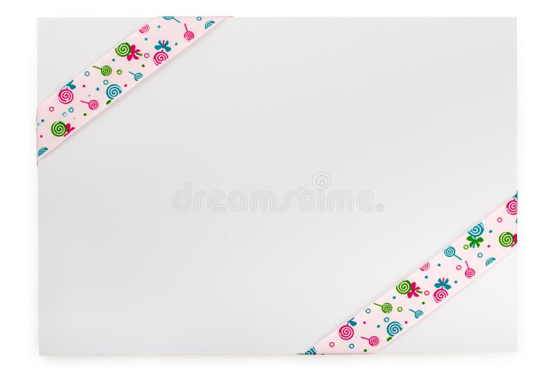 Gift card with empty space for your text and pink ornate ribbon, isolated on white background, top view.