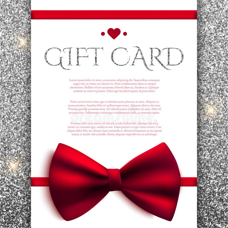 Gift card with red bow on silver glitter background