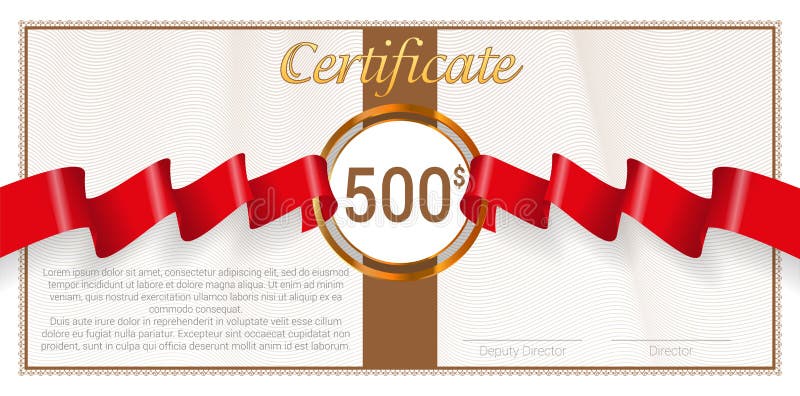 Gift Certificate with Red Award Ribbon. Vector Template Stock