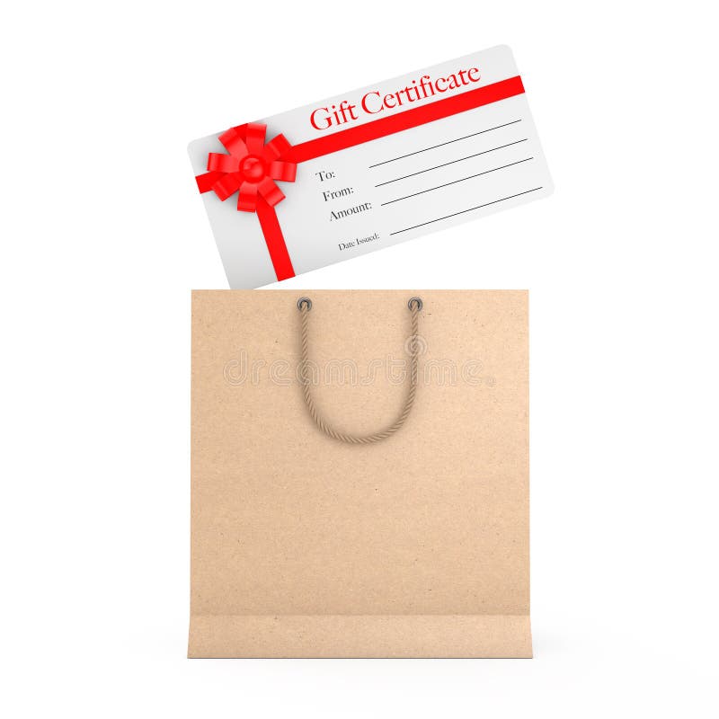 Gift Certificate with Red Ribbon and Bow Falling in to Paper Bag. 3d Rendering