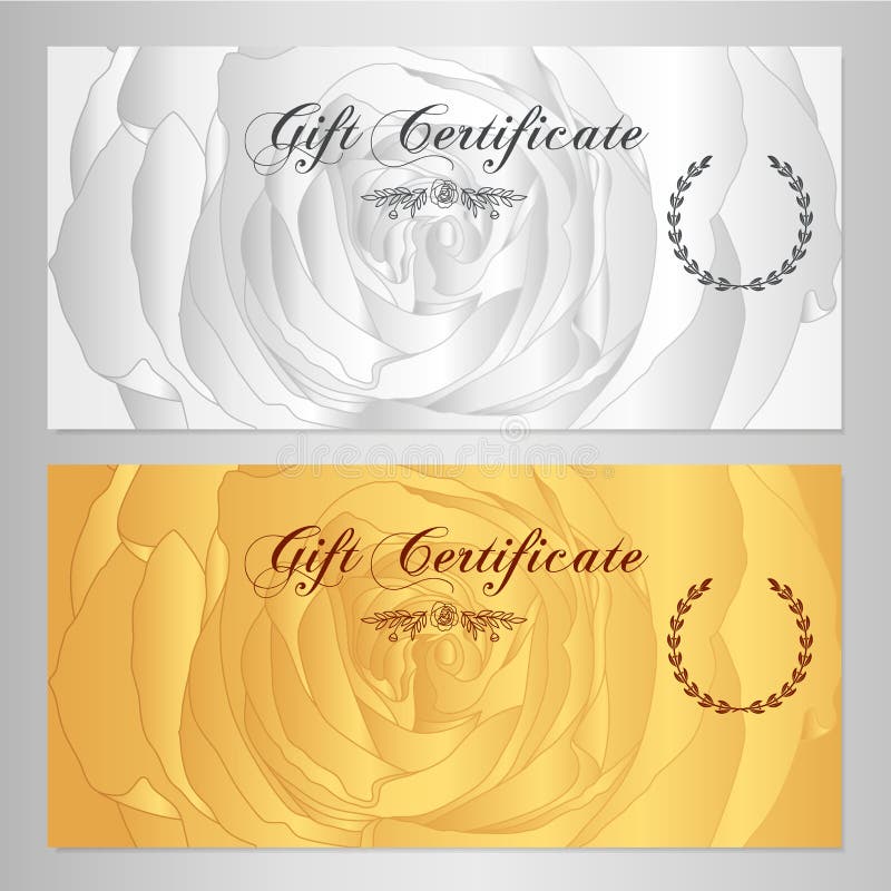 Gift certificate, Voucher, Coupon, Reward / Gift card template with rose (flowers pattern). Set of floral feminine background vector illustration Gift certificate, Voucher, Coupon, Reward / Gift card template with rose (flowers pattern). Set of floral feminine background vector illustration
