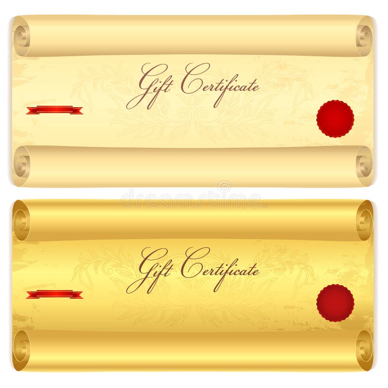Gift certificate, Voucher template. Old scroll, pa