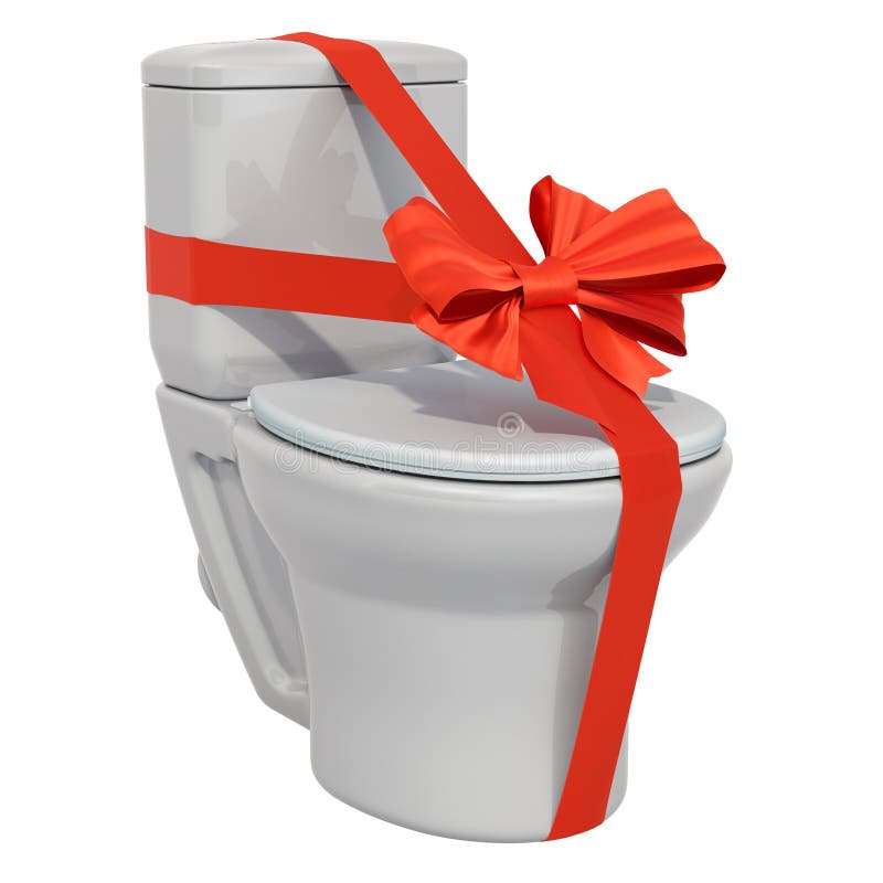 Gift Concept, Toilet Bowl with Red Ribbon and Bow. 3D Rendering Stock