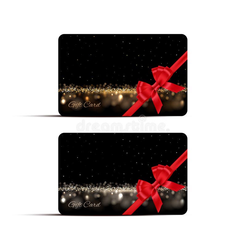 Gift or discount card design template. Vector red bow and ribbon on dark golden and silver backgrounds.