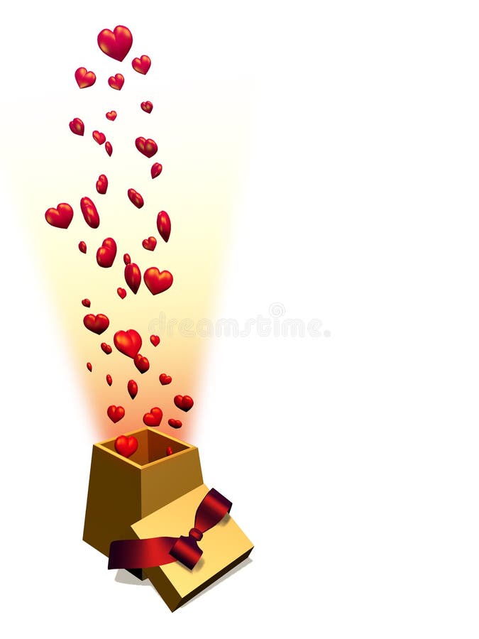 Gift of Love. A beam of light and red hearts bursting from a special golden gift box. Rendered in 3D royalty free illustration Gift of Love. A beam of light and red hearts bursting from a special golden gift box. Rendered in 3D royalty free illustration