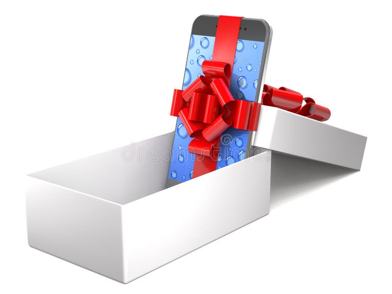 Gift Mobile Phone with Ribbon in Box 3d Illustration. Stock Illustration Illustration of